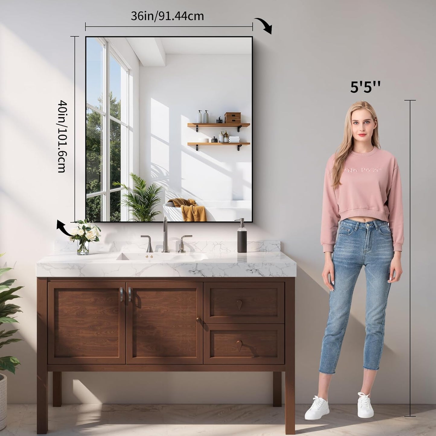 YIROMAN Bathroom Mirror for Wall 36"x40", Large Matte Black Bathroom Mirror with Aluminum Frame, Rectangular Vanity Mirror with Right Angles, Wall Mirror Hangs Horizontal or Vertical, Shatterproof