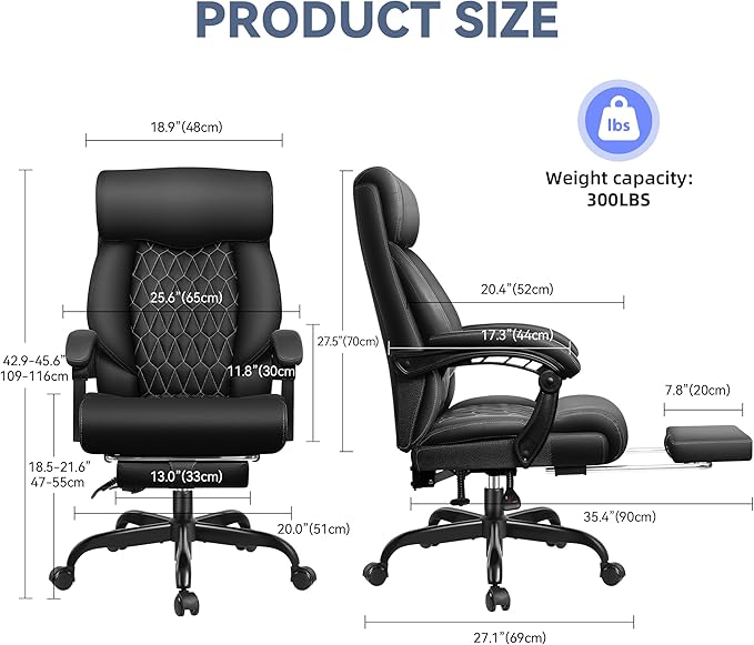 Office Chair, Big and Tall Office Desk Chair, Reclining Office Chair with Footrest Home Office Desk Chairs, High Back Ergonomic with Lumbar Support, Executive Leather