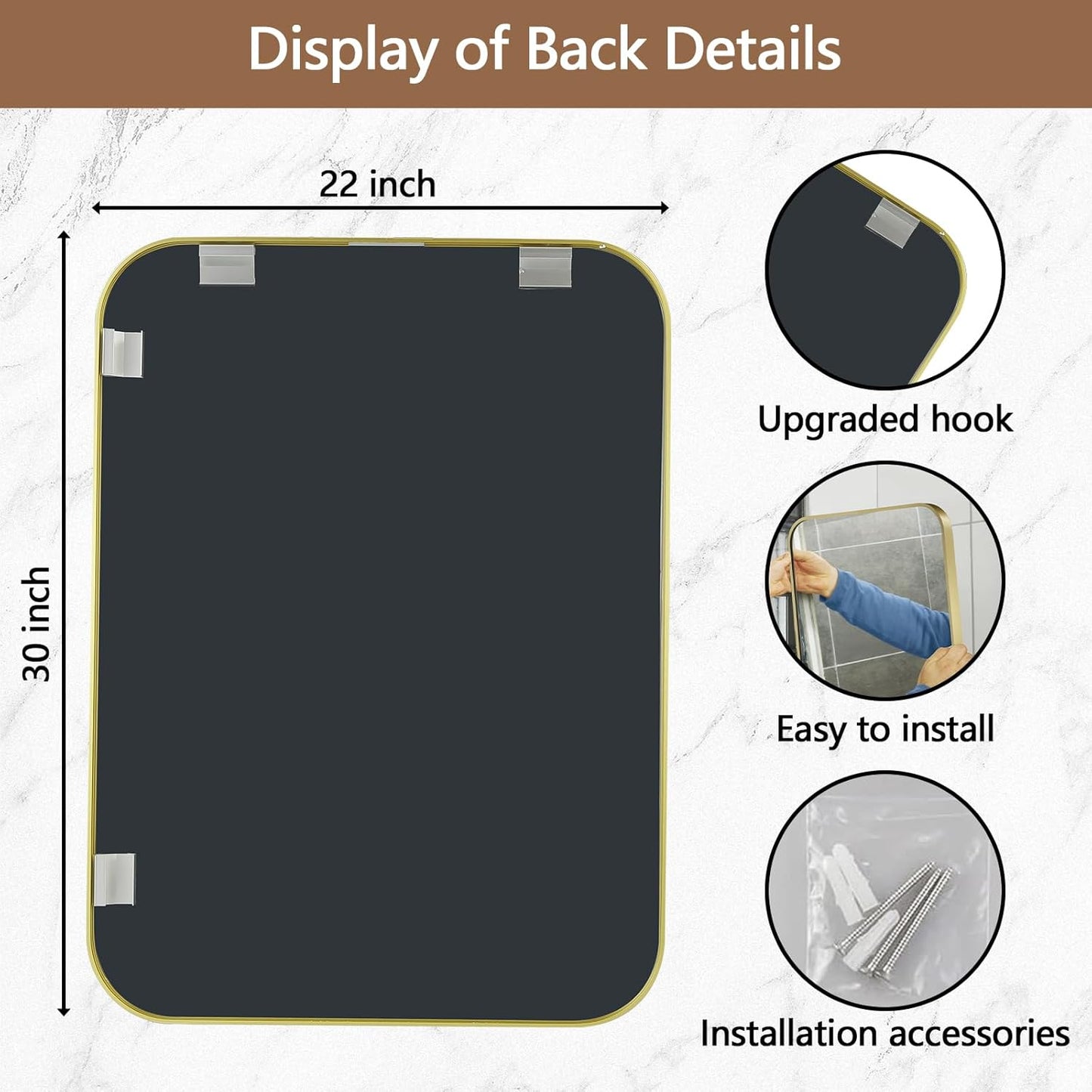 22x30 Inch Gold Mirror, Framed Rectangle Mirror with Rounded Corner, Brushed Brass Mirror, Gold Bathroom Mirror for Over Sink, Vanity, Living Room, Bedroom, Horizontal/Vertical