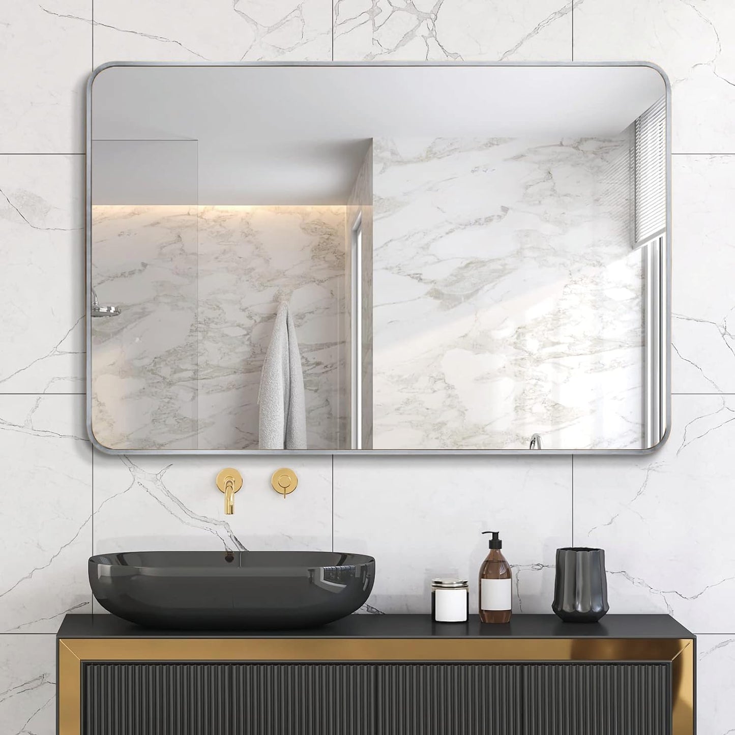Bathroom Mirror 30x40 inch, Silver Gorgeous Deep Frame Wall Mirror, Modern Round Corner Bathroom Vanity Mirror for Bedroom, Living Room, Hanging or Leaning Horizontal or Vertical, Silver