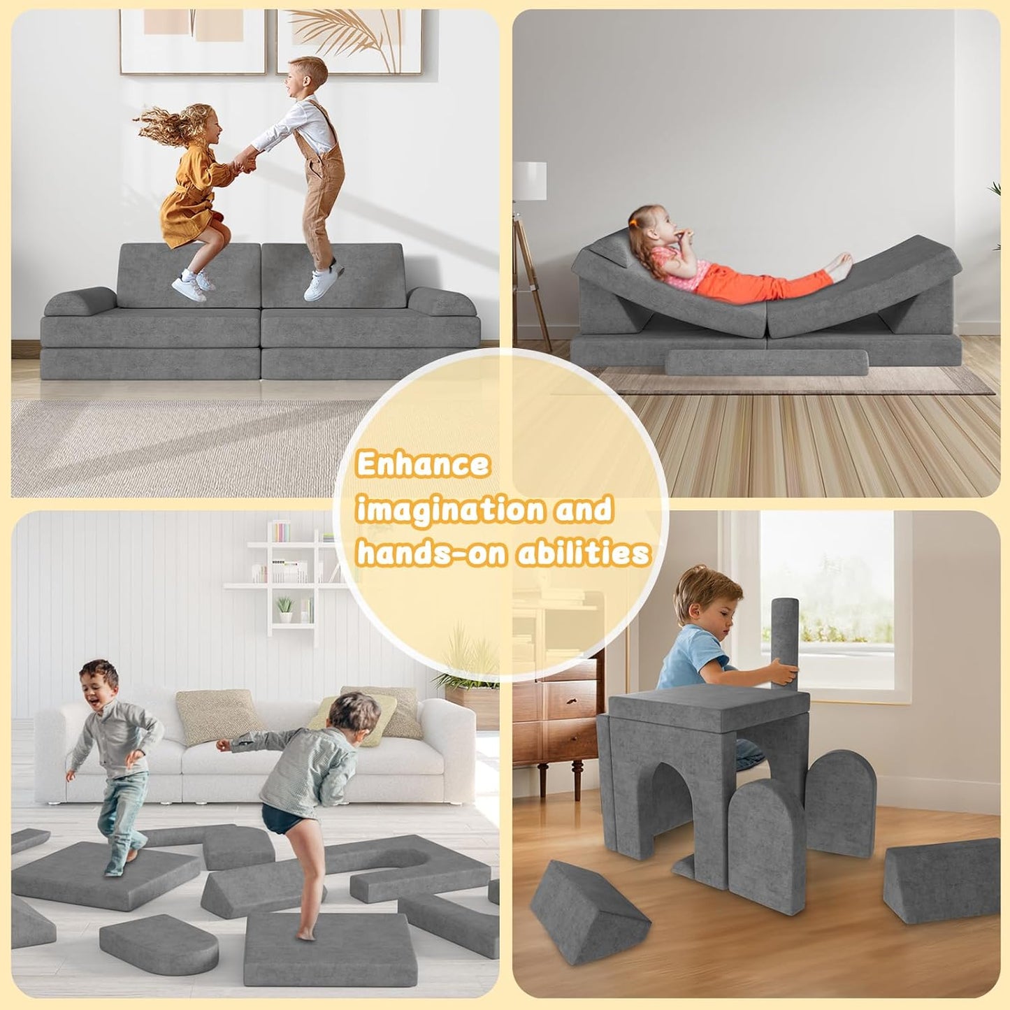 Modular Kids Play Couch 10PCS – Convertible Kids Sofa & Toddler Play Couch with DIY Foam Pieces for Imaginative Play, Climbing & Relaxation for Playroom, Bedroom, Nursery & Living Room