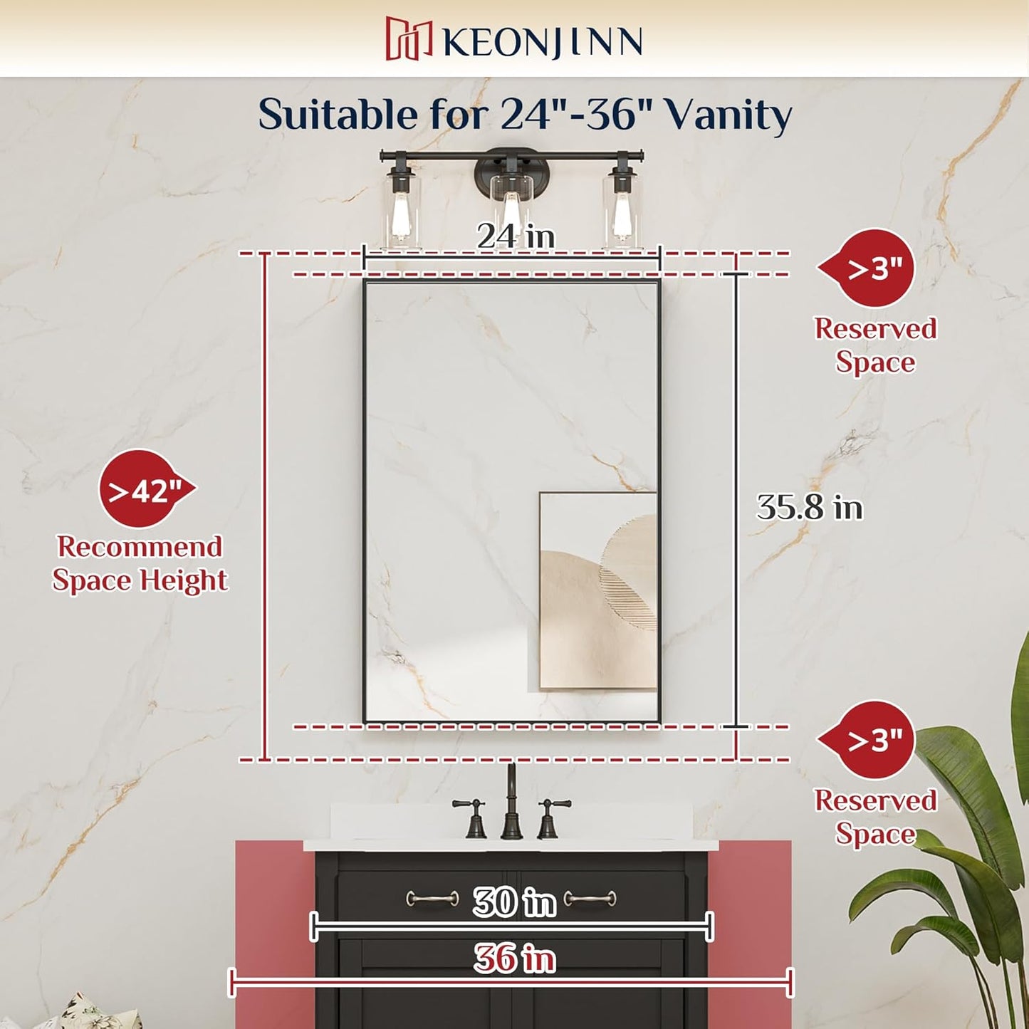Keonjinn Black Bathroom Mirror 24 x 36 Inch Rectangular Wall Mirror Brushed Metal Frame Black Mirror Modern Farmhouse Mirror, Framed Rectangle Bathroom Mirror for Over Sink(Horizontal/Vertical)