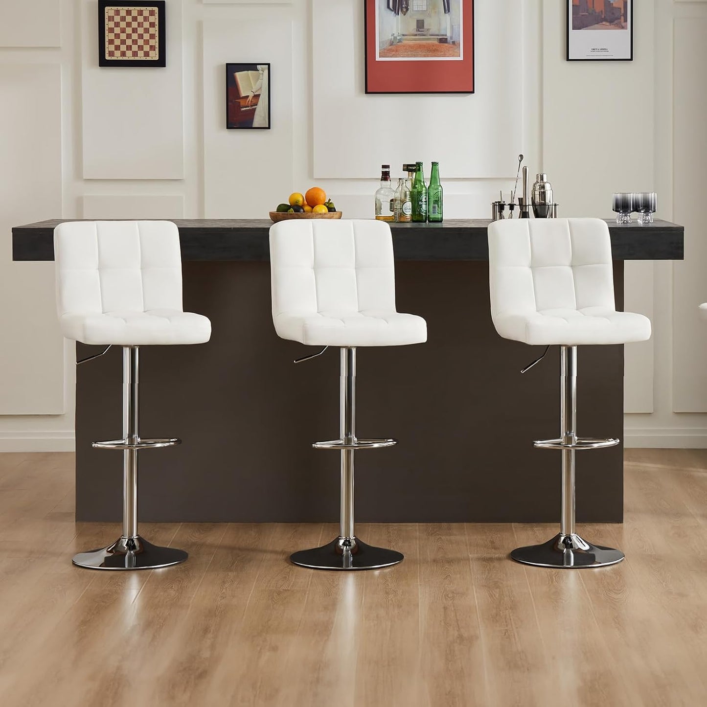 DUMOS Bar Stools Set of 4, 24 inch Counter Height Bar Stools, Upholstered Modern Kitchen Barstools with Metal Base, PU Leather Saddle Stools for Kitchen Island, White