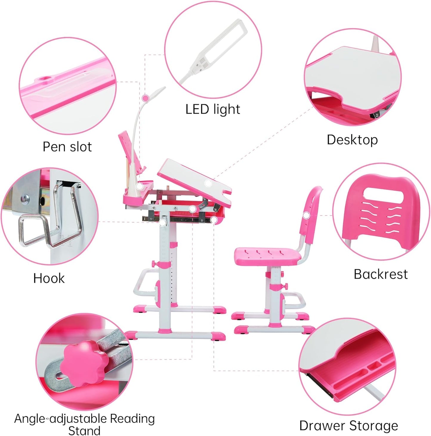 Real Relax Kids Desk and Chair Set, Children's Multifunctional School Tables with Tilt Desktop, LED Light, Metal Hook Pink