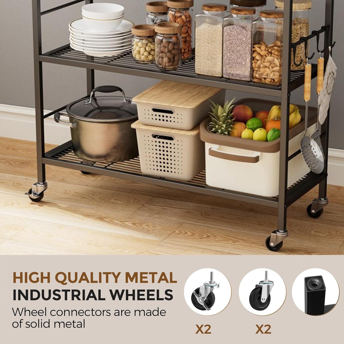 3-Tier Metal Storage Rack with Industrial Wheels,Mesh Shelving Unit with Wooden Table top,Adjustable Shelf,31.5-Inch Width, for Kitchen, Laundry,Pantry,Plant,Black