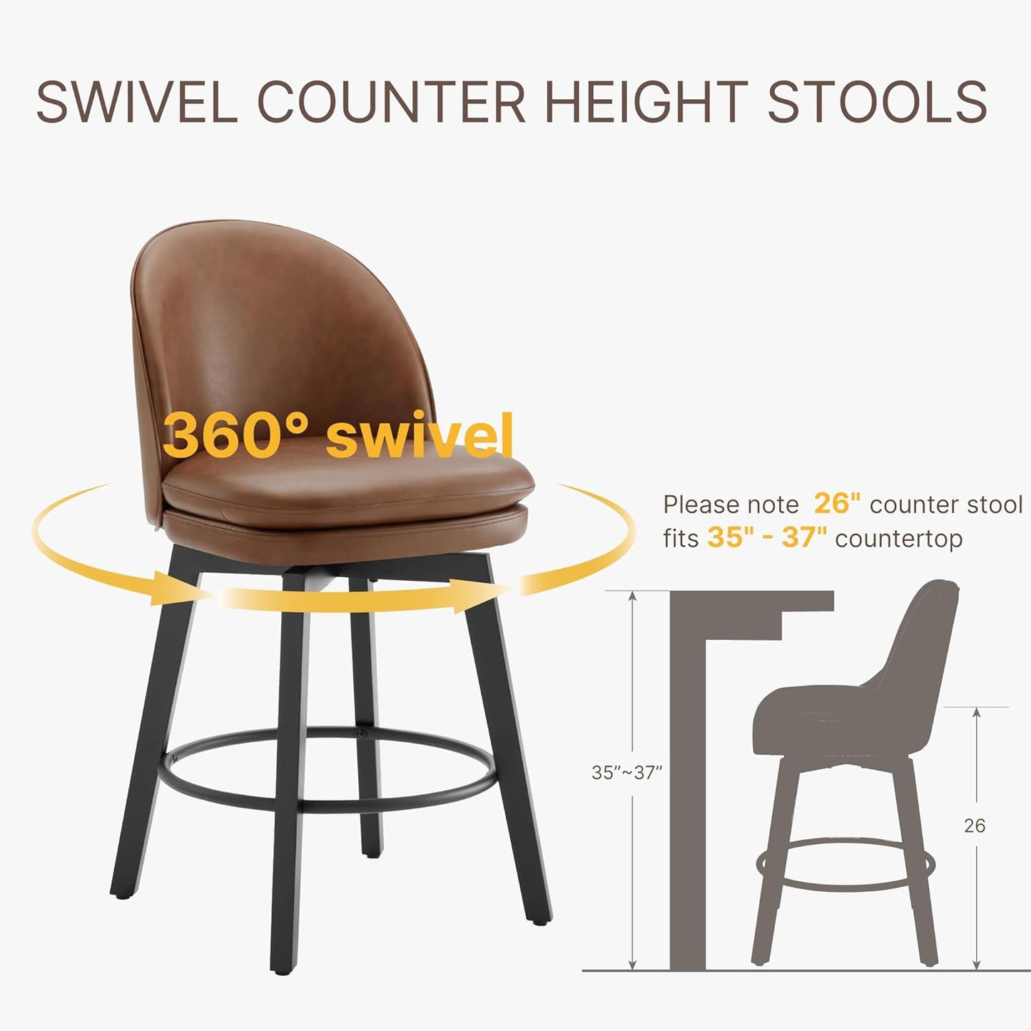 Counter Height Barstools 26 inch Upholstered Swivel Bar Stools with Back and Wood Legs for Kitchen Island,Set of 2,Brown PU Leather-Armless