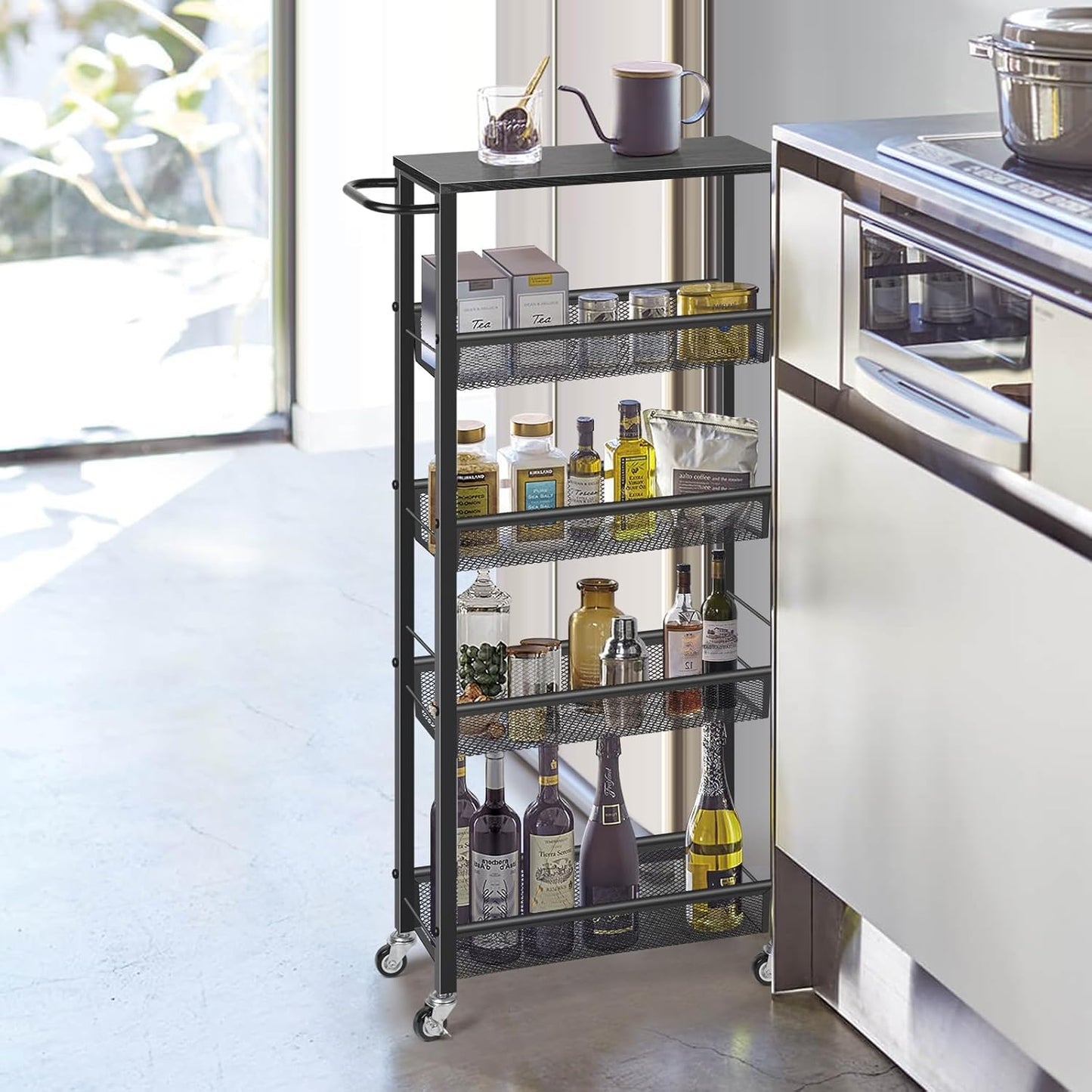 MOOACE Slim Storage Cart, 5 Tier Kitchen Rolling Carts with Wheels, Metal Narrow Cart Utility Cart Mobile Shelving Unit for Bathroom Organizer Kitchen Office Laundry Room, Black