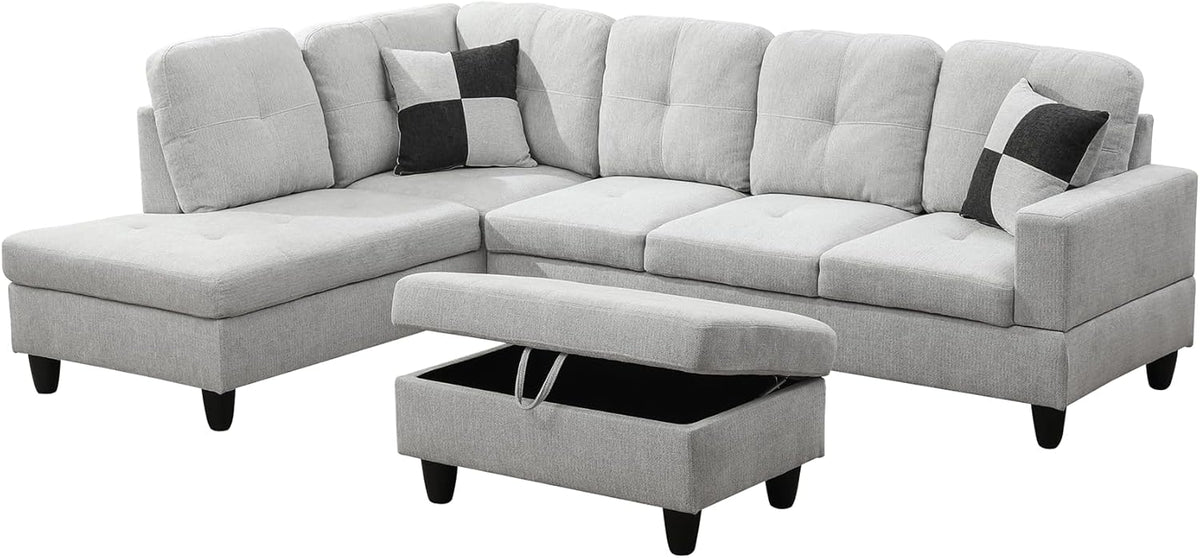 L Shaped Couch Modern Sectional Couch Upholstered Flannel Fabric 3 Pieces Sofas for Living Room with Chaise, Storage Ottoman for Office and Small Apartment, Light Grey