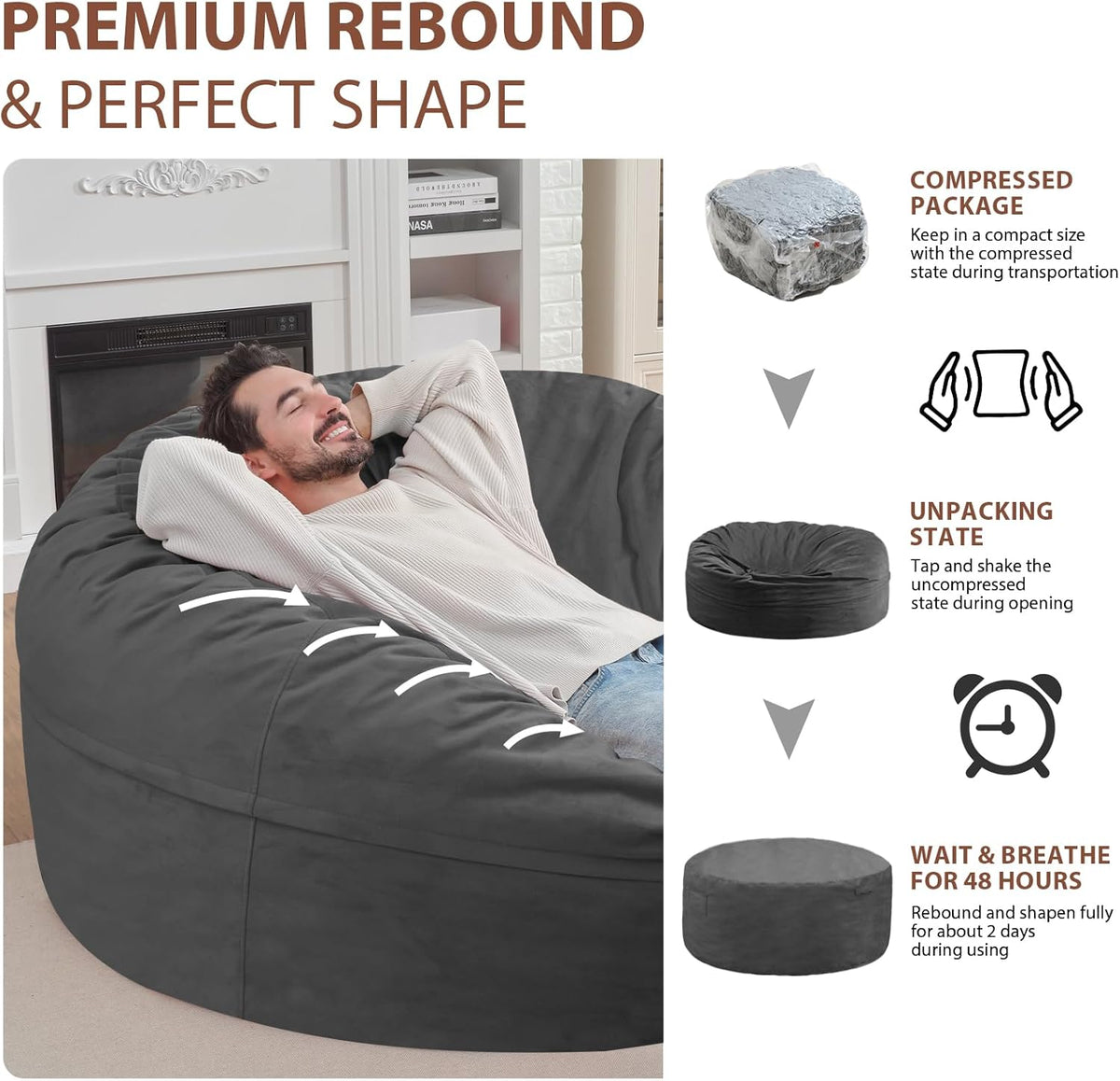 6FT Bean Bag Chair, Large Bean Bag Chairs with Memory Foam Filled, Fluffy Beanbag Sofa with Dutch Velvet Cover, Round BeanBag Chairs for Living Room, Playroom - Grey