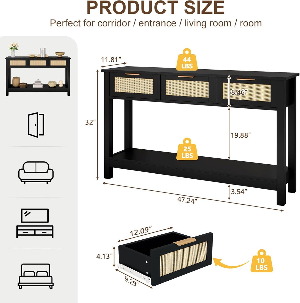 Luoxiao Entryway Console Table with 3 Rattan Drawers - Long Sofa Table Behind Couch Modern Fluted Hallway Living Room Storage Cabinet, Entry Table Open Shelf Foyer Furniture, Anti-Tip, Black, 47 Inch