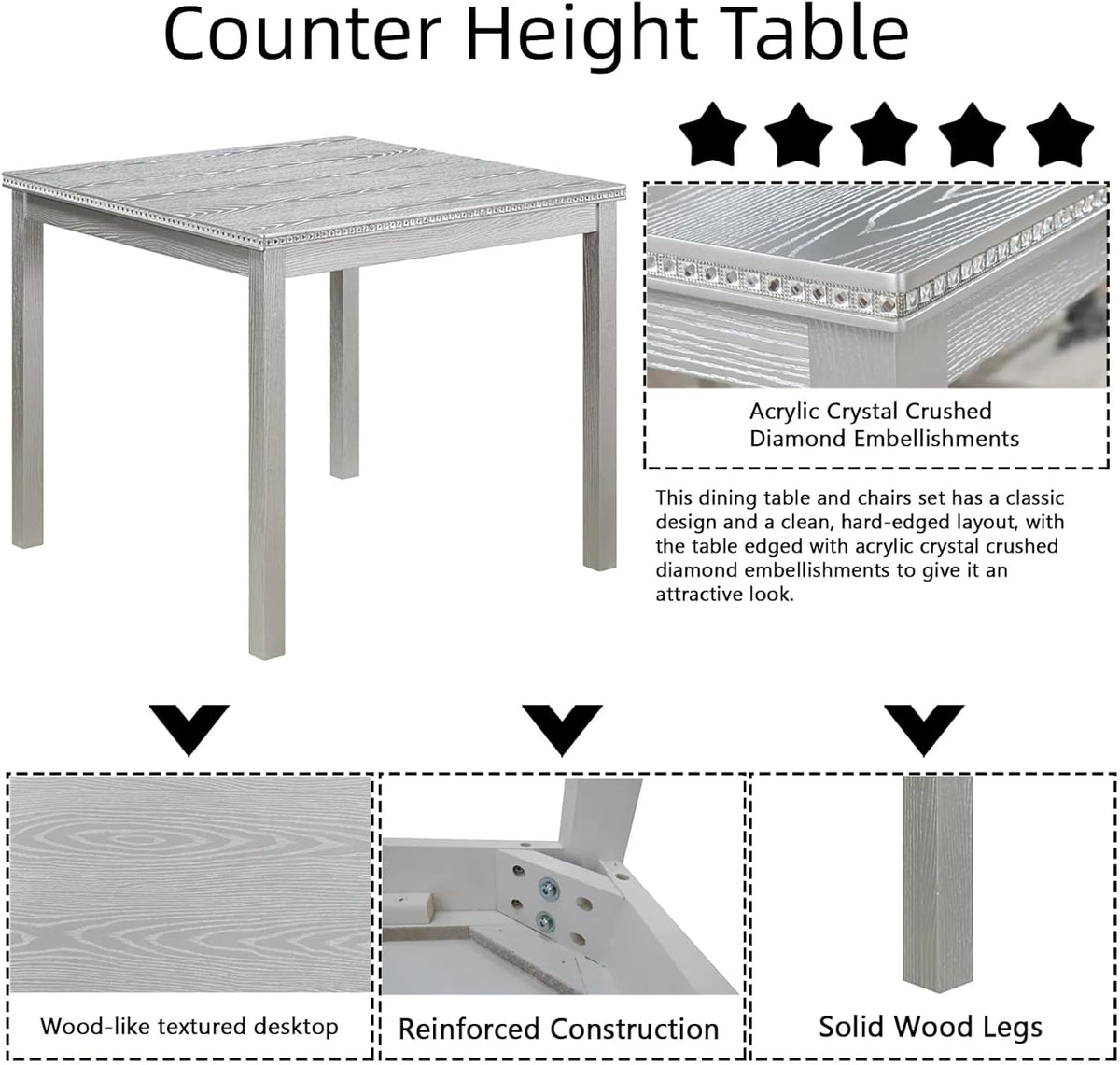 Dining Table Set for 4, 5-Piece Dining Room Table Set with Square Crystal Decoration Table & 4 Upholstered Backrest Chairs, Counter Height Kitchen Sets with Faux Wood Grain Design, Grey