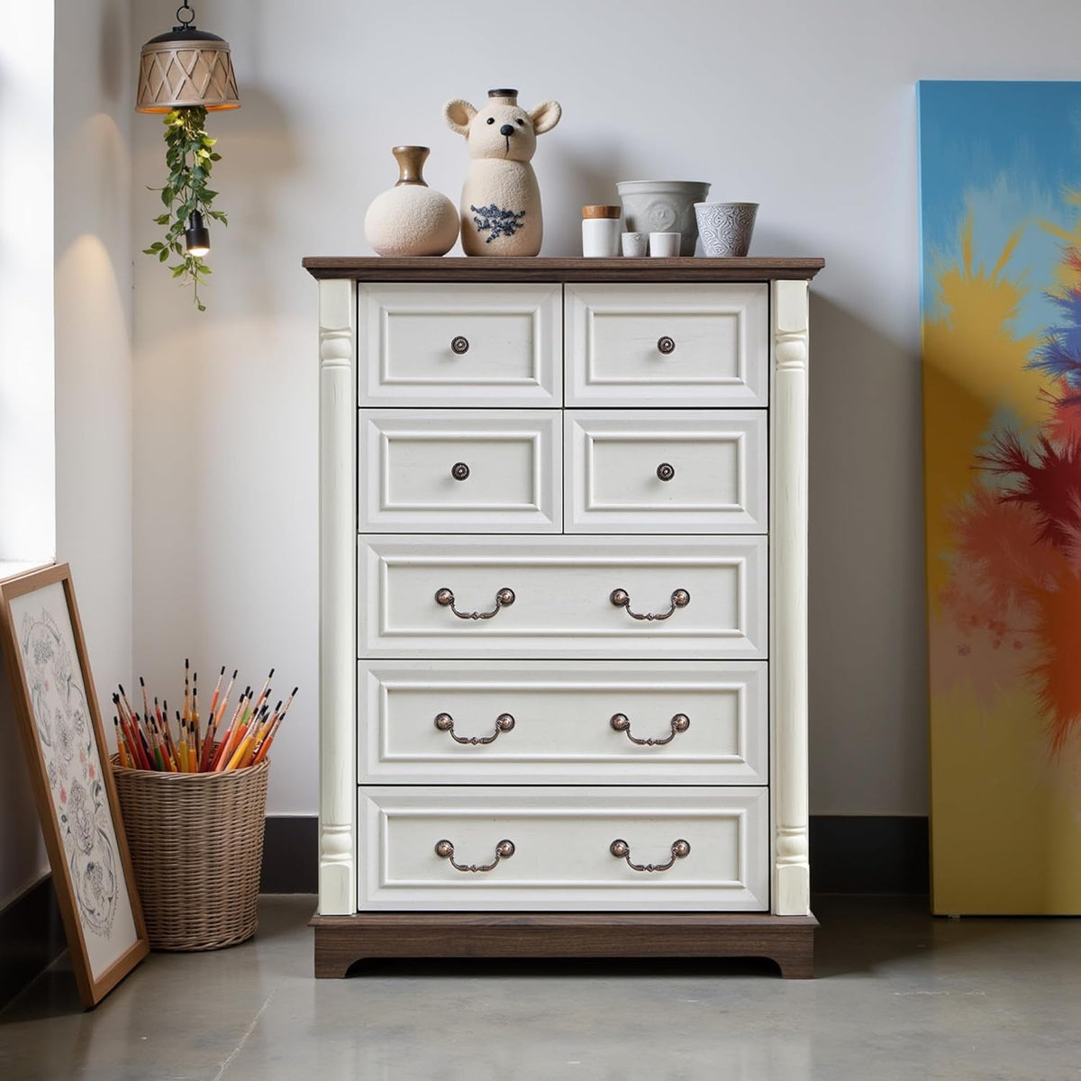 31.5" Farmhouse Sideboard Buffet Cabinet with Storage, Kitchen Buffet Storage Cabinet with 7 Drawers, Modern Wood Accent Sideboard for Living Room, Kitchen, Hallway(Antique White)