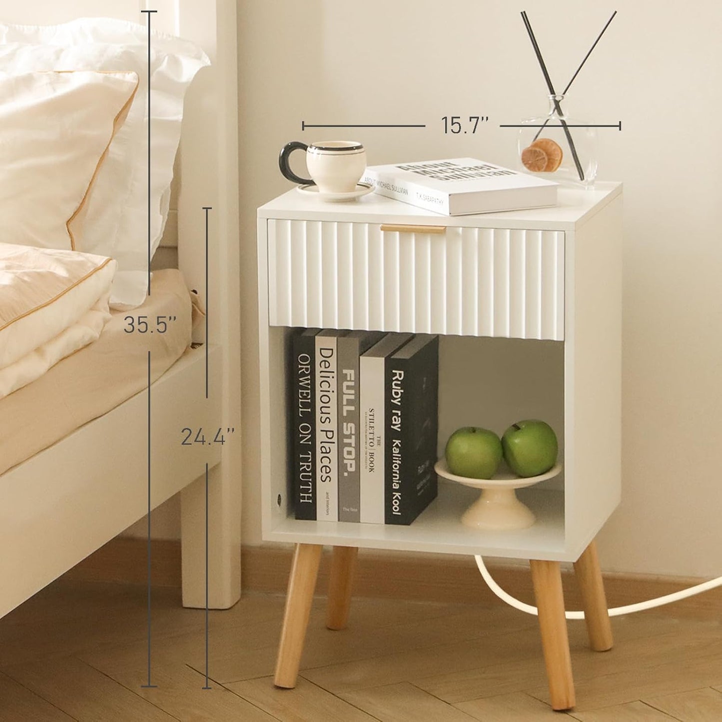 White Nightstand with Charging Station, Mid Century Modern Bedside Table with Drawers and Outlet,Side Tables Living Room, Wooden Night Stand for Bedroom, Office (White)