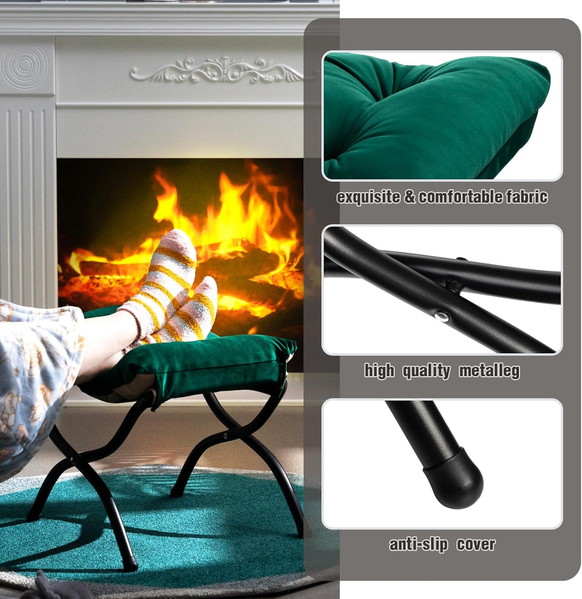 HollyHOME 15"(H) Folding Footrest Stool, Upholstered Small Foldable Ottoman, Accent Padded Sofa Foot Stool for Lazy Chair, Metal Frame Portable Foot Rest Ottoman for Home, Living Room, Bedroom, Green