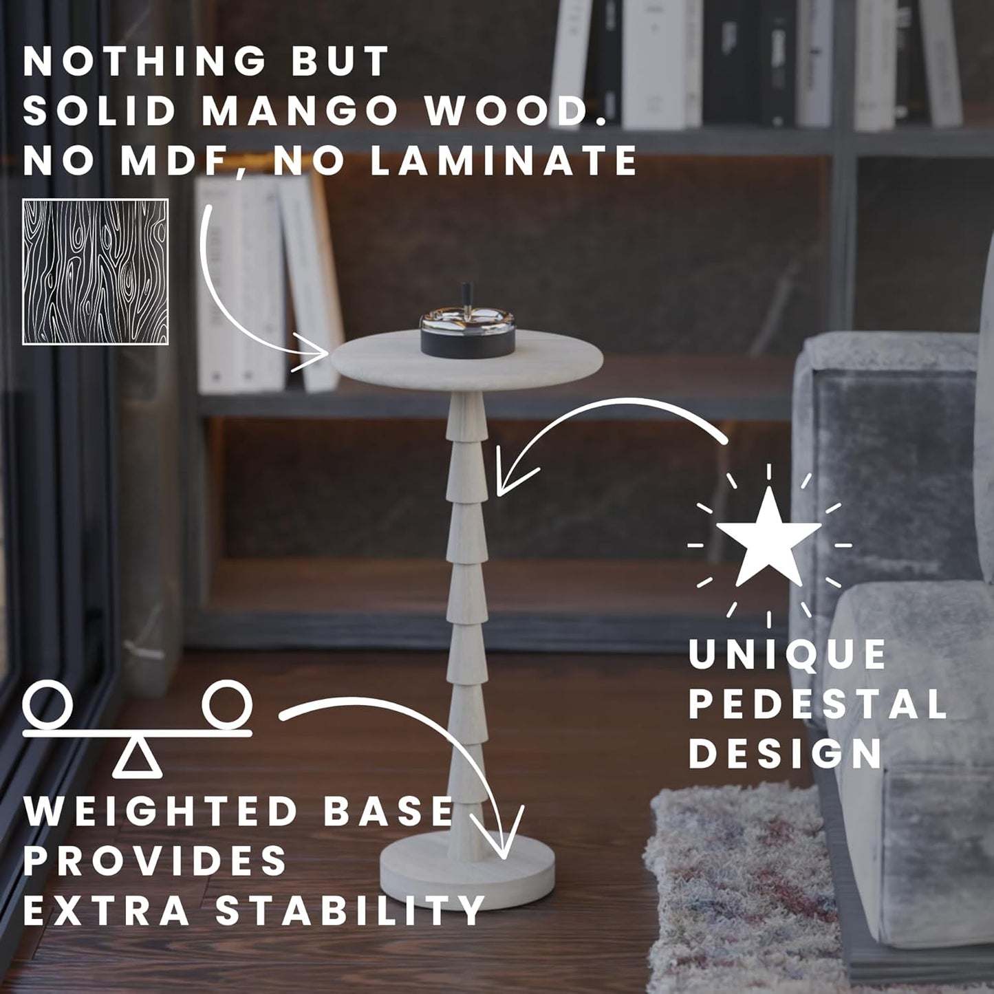 Relso Sakala Solid Mango Wood Drink Table - 24 Inches High, Stylish Side Table, Modern End Table for Living Room, Bedroom Night Stand, Small Folding Coffee Table, Indoor Plant Stand