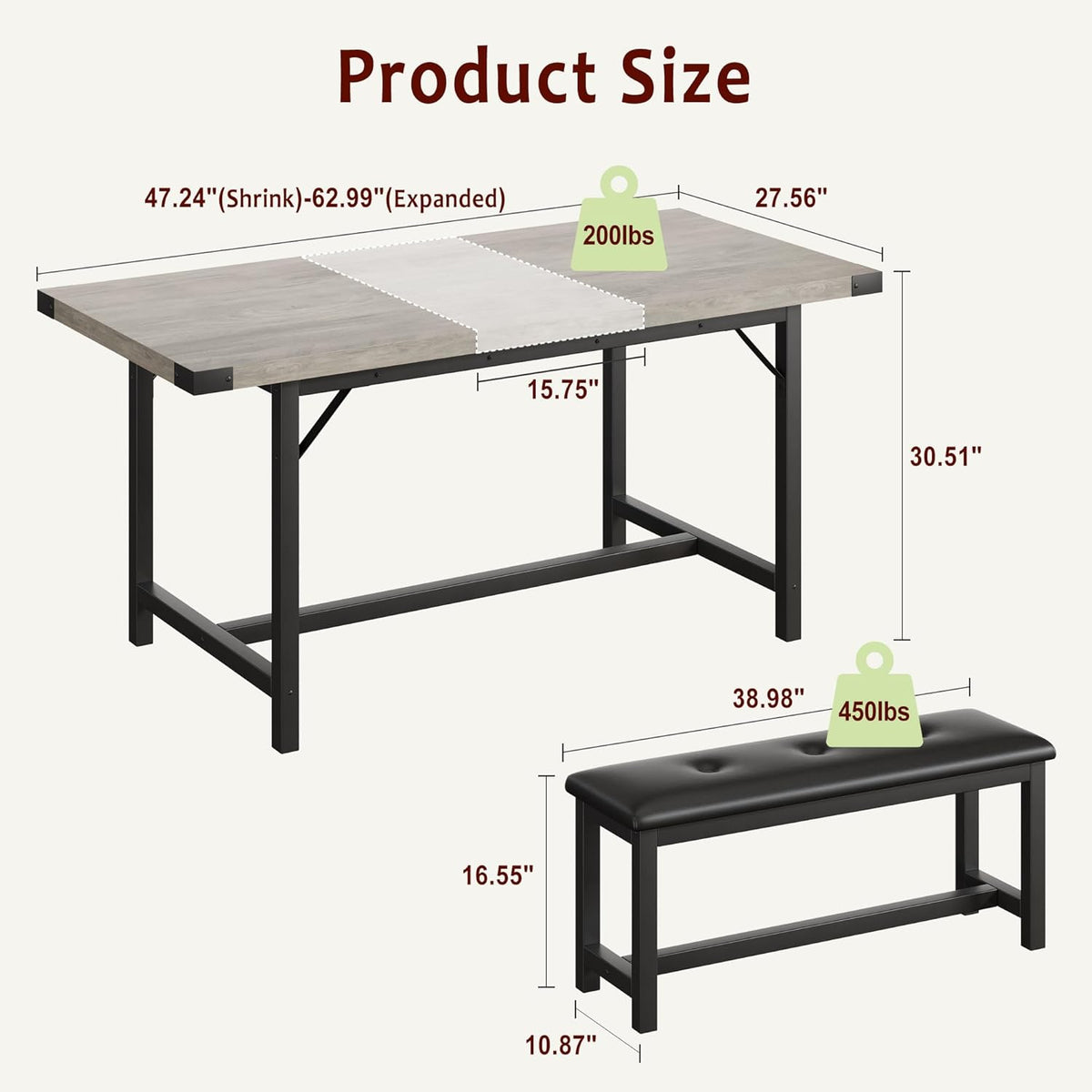 Dining Table Set for 4-6, 63“ Large Extendable Kitchen Table Set, Wood Rectangle Kitchen Table with 2 Soft Benches for Small Space, Apartment, DinnerSaving Space, Grey