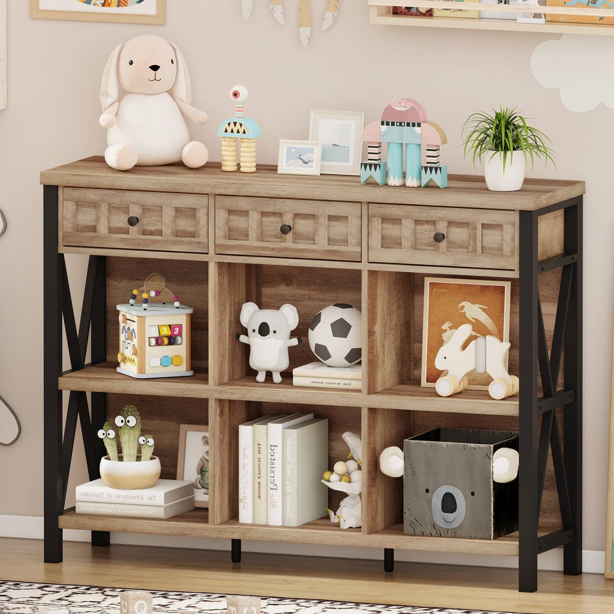 FATORRI Rustic 6 Cube Storage Organizer Shelf with 3 Drawers, Long Horizontal Bookshelf, Industrial Wood and Metal Cubby Bookcase for Living Room (Rustic Oak, 47 Inch)