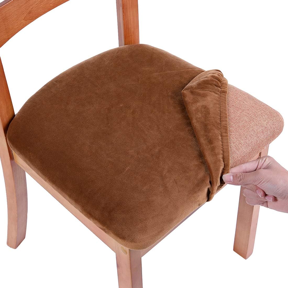 Smiry Velvet Seat Covers for Dining Room Chair Set of 6, Stretch Fit Removable Washable Chair Seat Cushion Protector Slipcovers with Ties, Camel