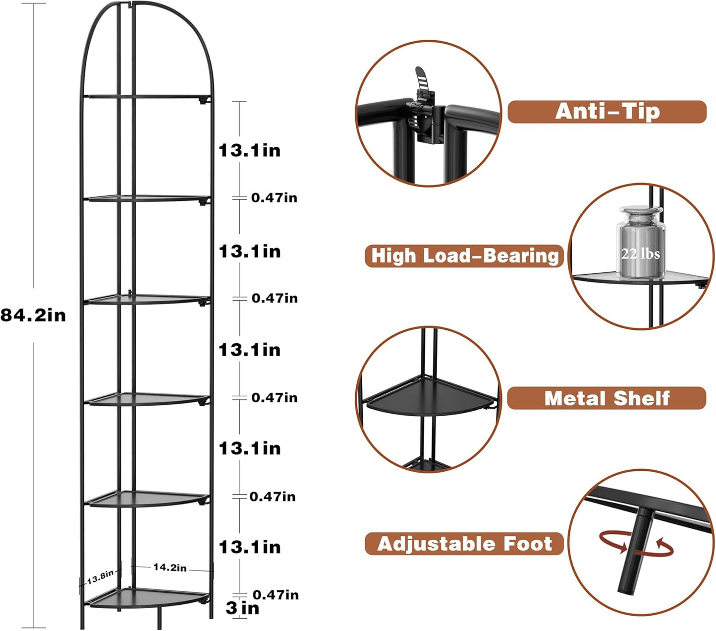 Crofy Foldable 6 Tier Corner Shelf, Metal Corner Plant Stand with Black Frame and Black Shelves, Corner Display Rack Multipurpose Shelving Unit for Living Room, Bedroom, Bathroom