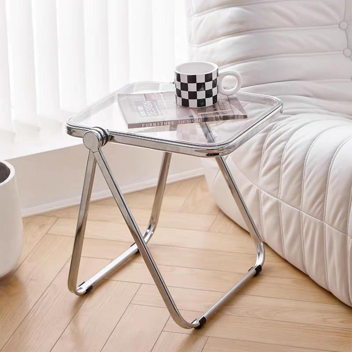 16.2" × 14.1" Acrylic Folding Table, Small Lightweight End Table for Living Room, Bedroom and Small Room, Sturdy Metal Frame with No Assembly Required, Space-Saving Storage Design (Clear)