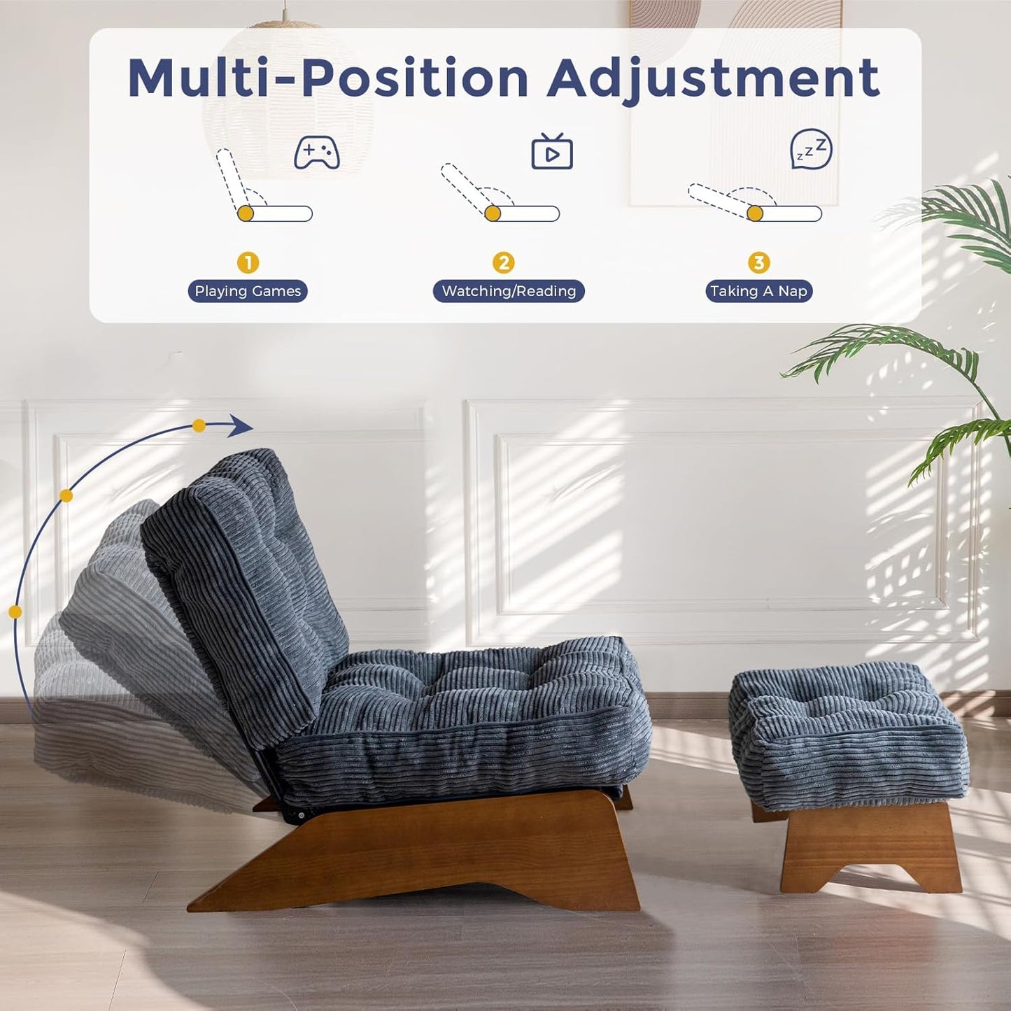 MAXYOYO Accent Chair with Ottoman Adjustable Backrest, Tufted Living Room Chair Upholstered Lounge Chair with Footrest Set, Modern Chair Cozy Reclining Chair for Reading Room, Dark Grey