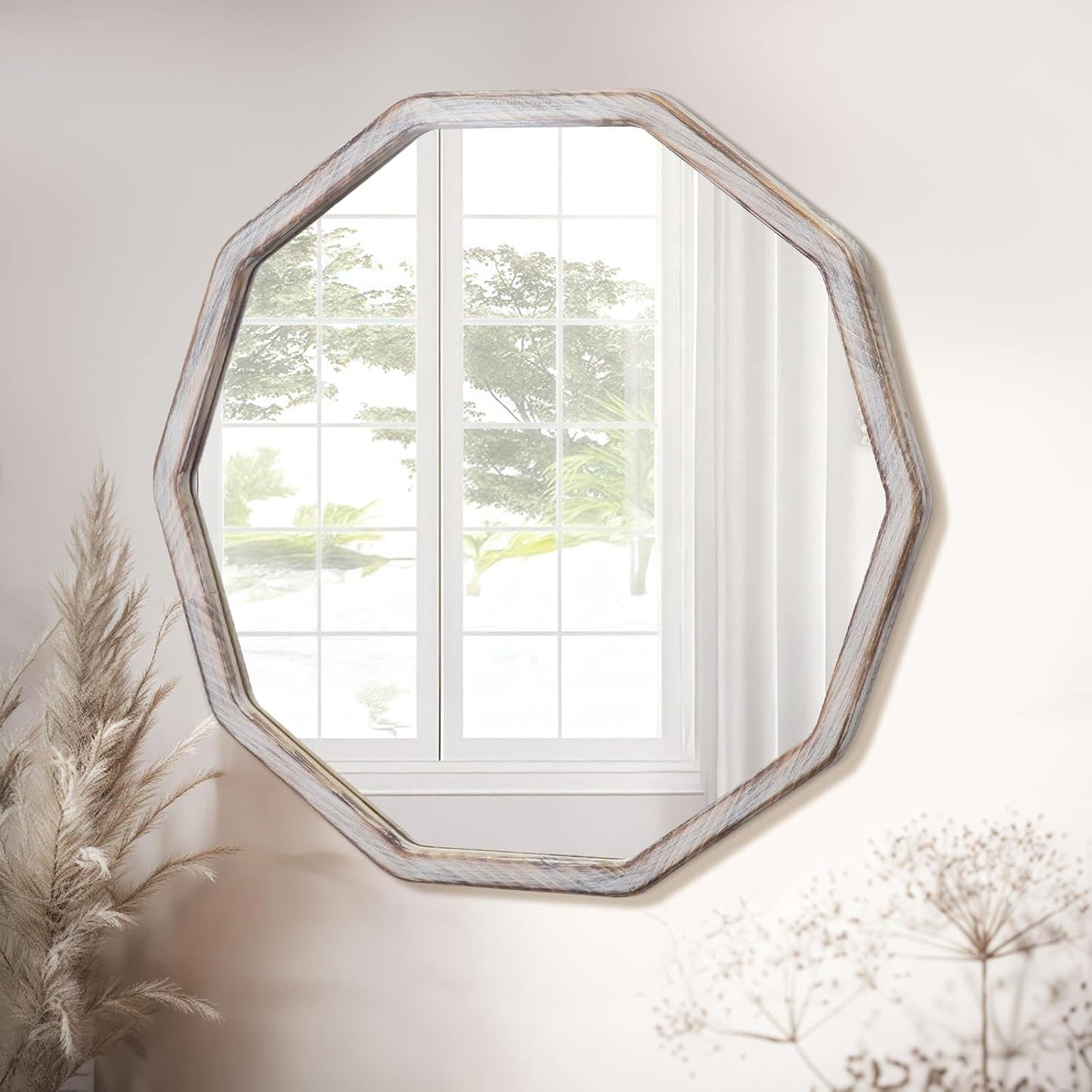 ULIKE White Wood Mirror for Wall, 30 Inch Rustic Farmhouse Mirror with Wood Frame, Decorative Wall Mounted Vanity Mirrors for Bathroom Bedroom Living Room Entryway