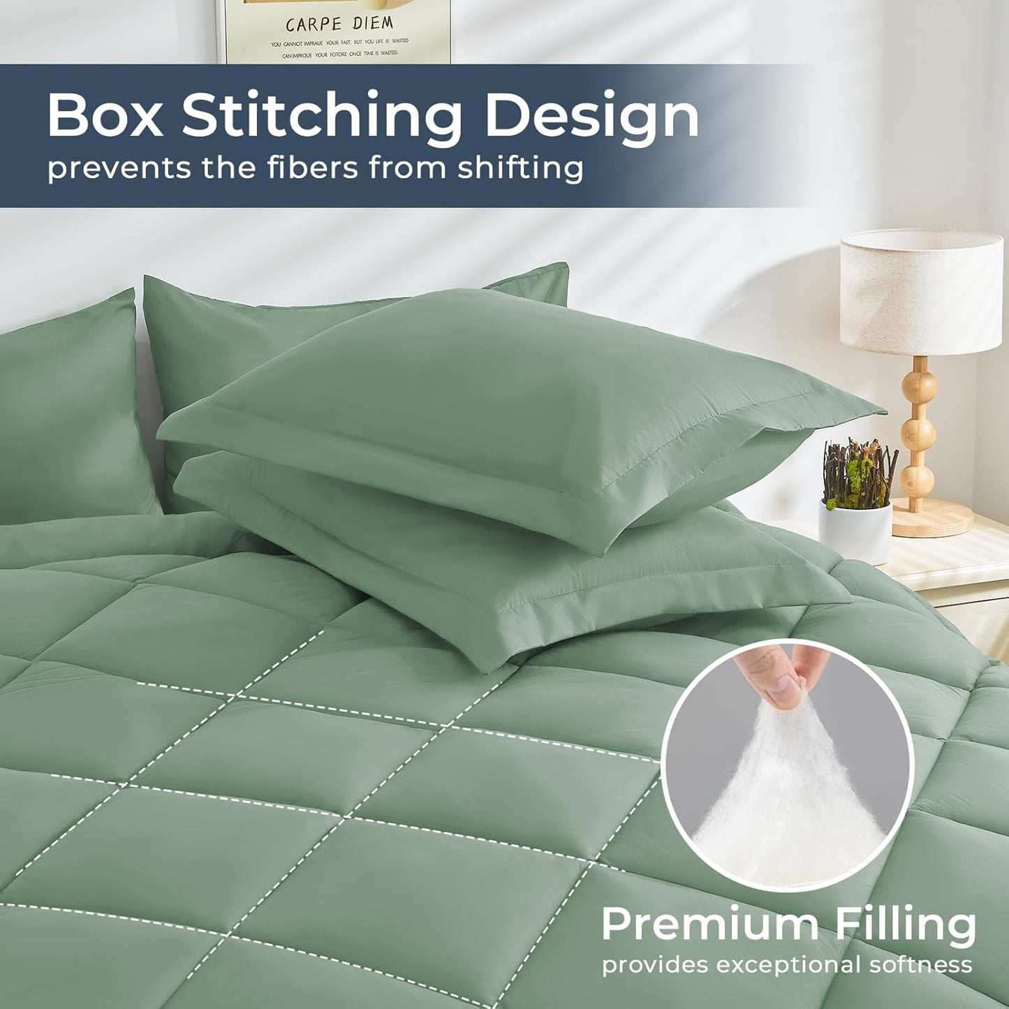 HEVUMYI Light Green Queen Comforter Set - 7-Piece All Season Bed in a Bag Queen, Ultra Soft Bedding Set with Comforter, Flat Sheet, Fitted Sheet, Pillowcases, Pillow Shams