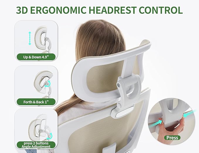 Office Chair - Ergonomic Desk Chair with Adjustable Headrest Lumbar Support Computer Chair - Mesh Comfy Chairs with Flip-up Armrests - Big and Tall Gaming Chairs for Adults Home Office(Beige)