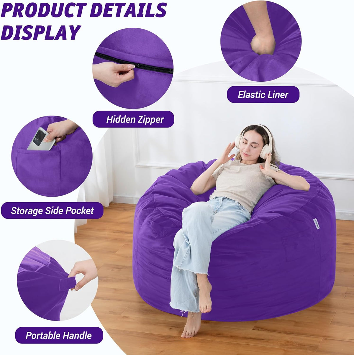 4FT Bean Bag Chair with Ultra Soft Velvet Cover Bean Bag Sofa with Memory Foam Bean Bag Chairs with Large Size Lazy Sofa for Dorm Office Living Room Bedroom Purple 4'