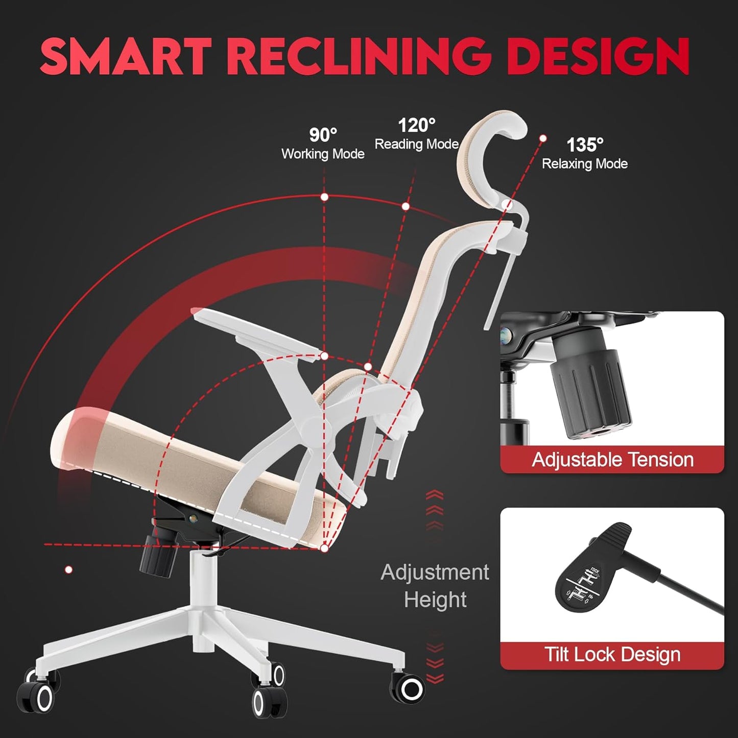 Ergonomic Office Chair - 400LB Comfy Desk Chairs with Headrest and Back Support, Heavy Duty Mesh Computer Chairs with Wheels and Arms for Home Office, Study, Bedroom and Dorm (04Khaki)