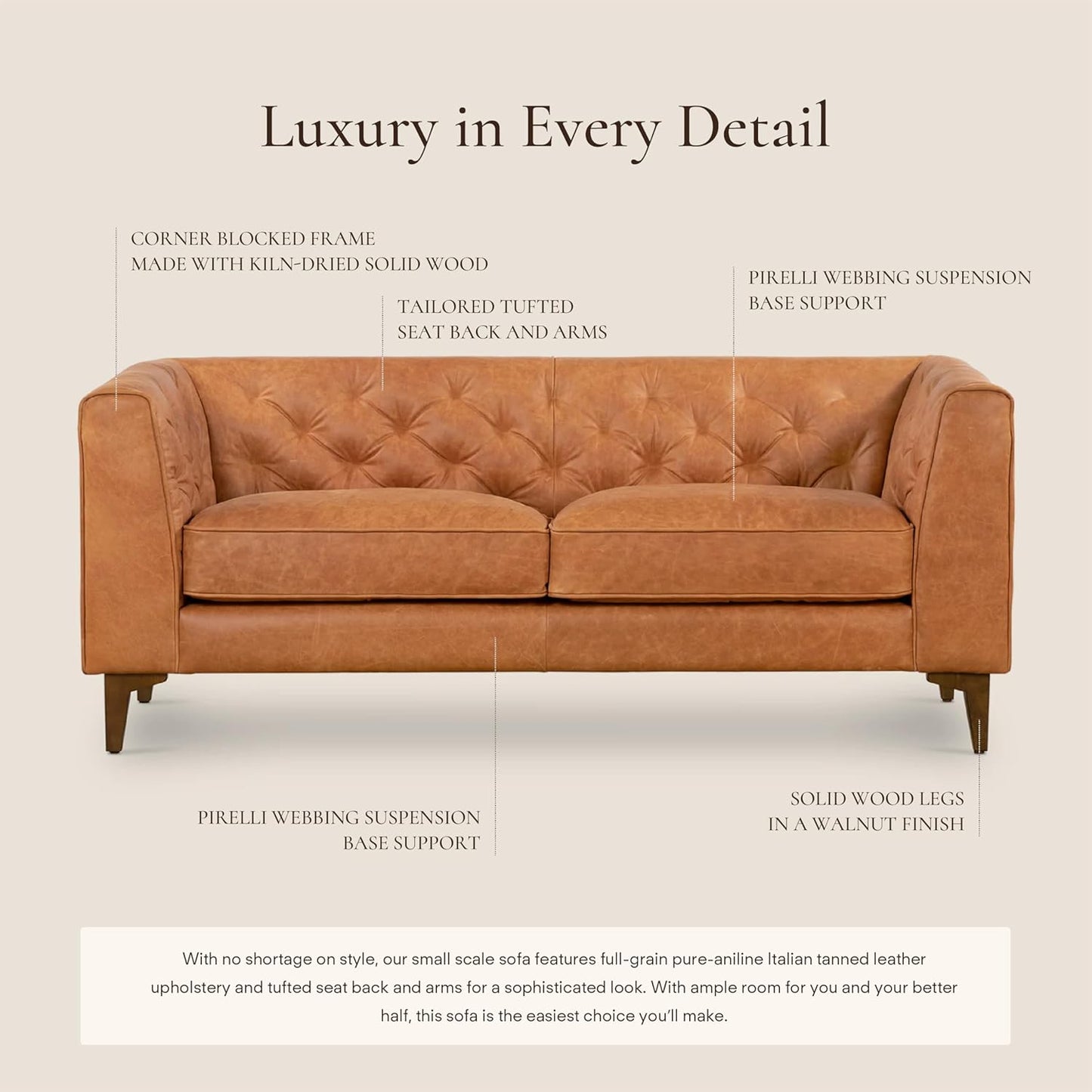 POLY & BARK 74” Essex Apartment Leather Couch - Apartment Sofa with Tufted Back - Full-Grain Leather Sofa for Living Room with Feather-Down Topper - Vintage Italian Leather in Cognac Tan