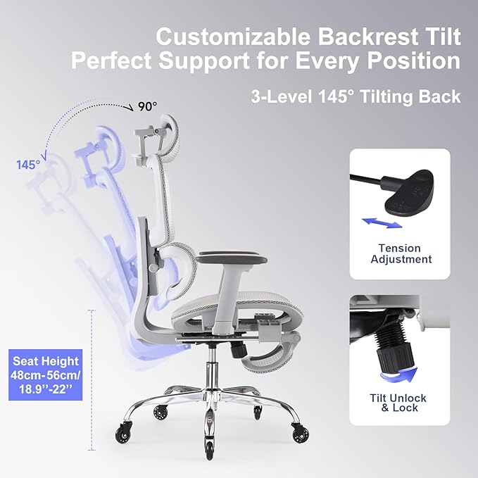 Office Chair with Footrest, Ergonomic Chair with Neck Pillow & Rubber Wheels, Computer Chair with Adjustable Backrest & 3D Armrests Headrest, Gaming Chair Adaptive Lumbar Support, Grey