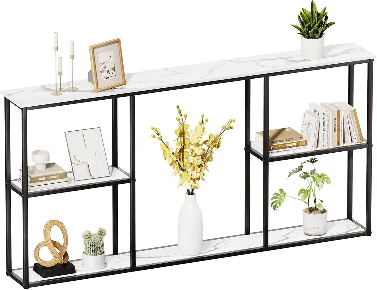 WOHOMO Console Table,Small Modern Entryway Table for Entry,3-Tier Long Sofa Table Behind Couch for Living Room,Entrance,White Marble(63 inch)