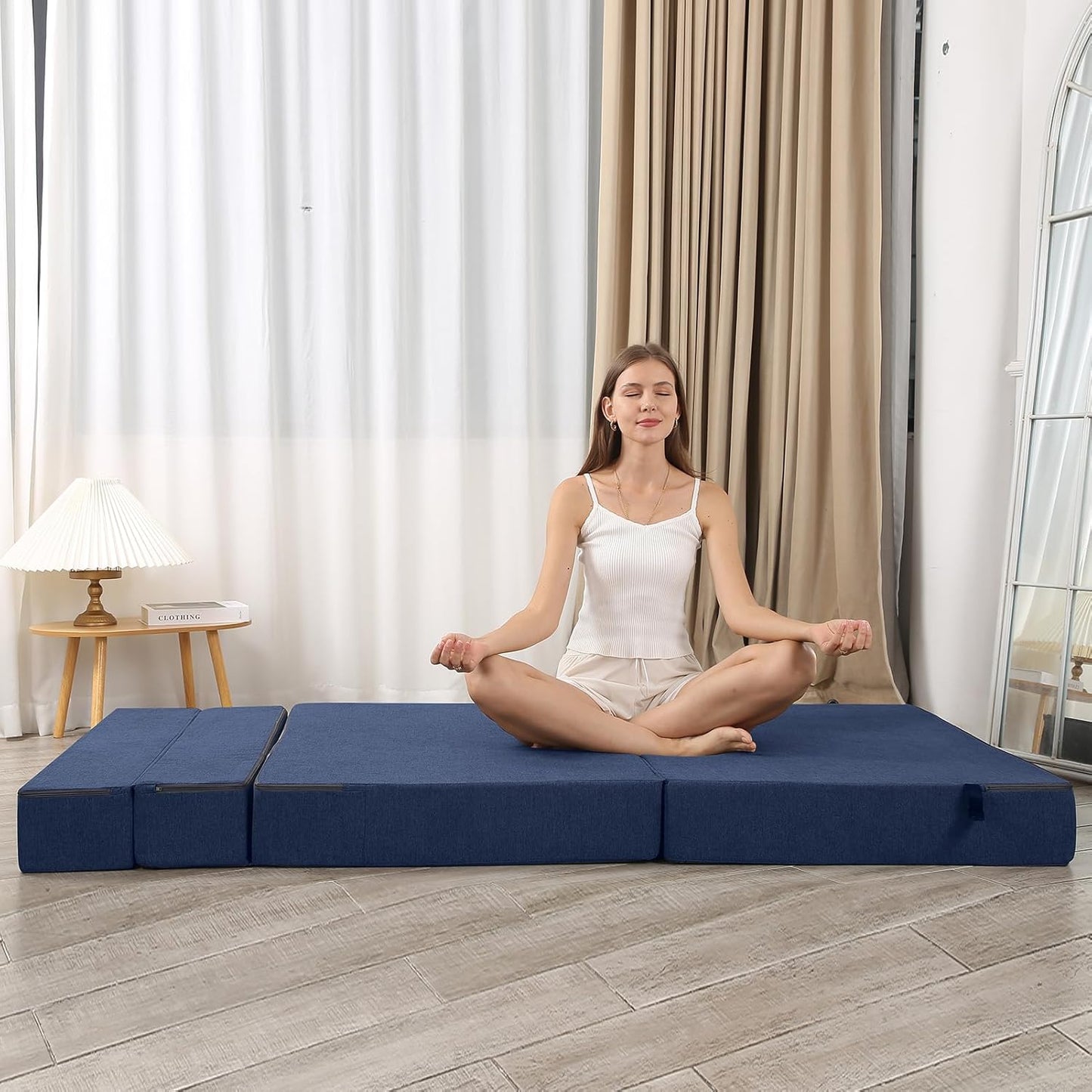 Folding Sofa Bed, High-Density Memory Foam Sofa with a Fluffy Pillow, Floor Couch Guest Bed, Single Size, Navy
