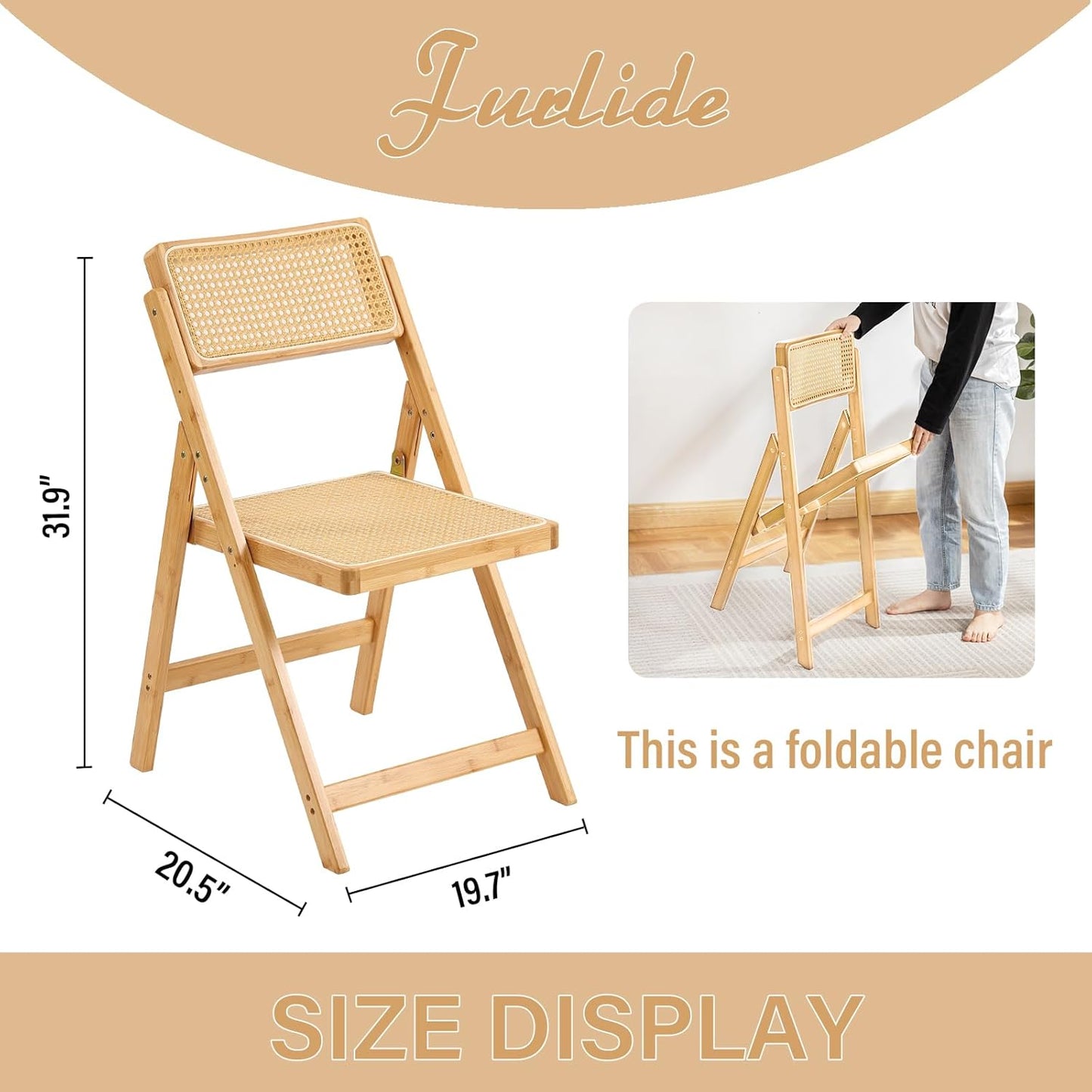 Rattan Folding Chair, Modern Mid Century Dining Chair Set of 1, Outdoor Bamboo Chairs for Bedroom Living Room Reading Room Dining Kitchen, Wood
