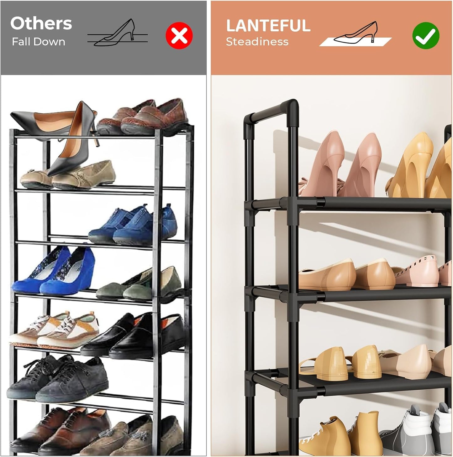 10 Tiers Shoe Rack 20-25 Pairs Large Capacity Tall Shoe Organizer Sturdy Shoe Storage with Two Hooks Metal Narrow Shoe Rack for Closet, Entryway, Bedroom, Black