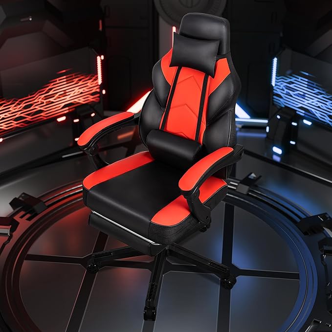 Gaming Chairs for Adults, Computer Chair with Footrest, High Back, Big and Tall Gamer Chair‘s with Massage Lumbar Support, 360° Swivel Height Adjustable Computer Chaires, Dark Red