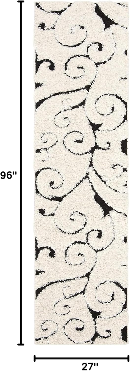 SAFAVIEH Florida Shag Collection Runner Rug - 2'3" x 8', Ivory & Black, Scroll Design, Non-Shedding & Easy Care, 1.2-inch Thick Ideal for High Traffic Areas in Living Room, Bedroom (SG455-1290)