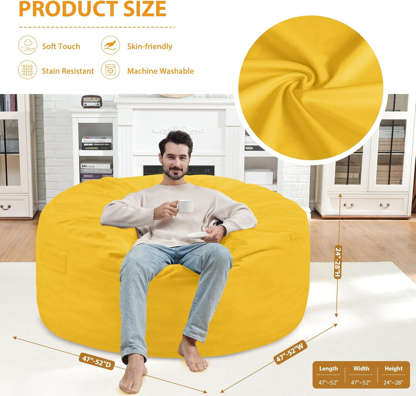 5FT Bean Bag Chair, Large Bean Bag Chairs with Memory Foam Filled, Fluffy Beanbag Sofa with Dutch Velvet Cover, Round BeanBag Chairs for Living Room, Playroom - Lemon