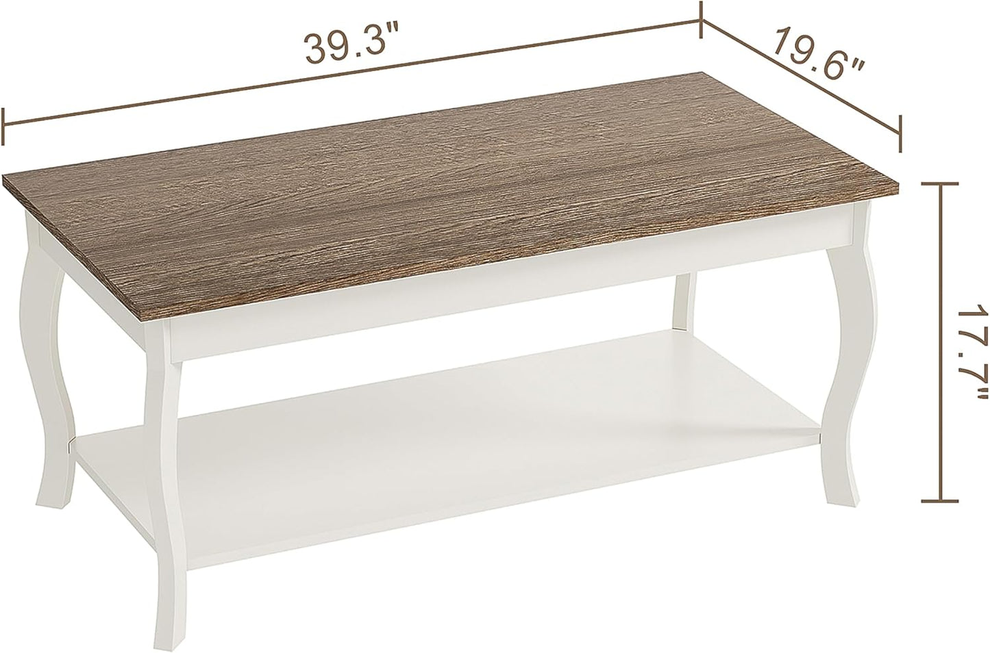 ChooChoo Coffee Table, Rustic Center Table with Curved Legs and Storage Shelf, 39" Coffee Table for Living Room, Soft White