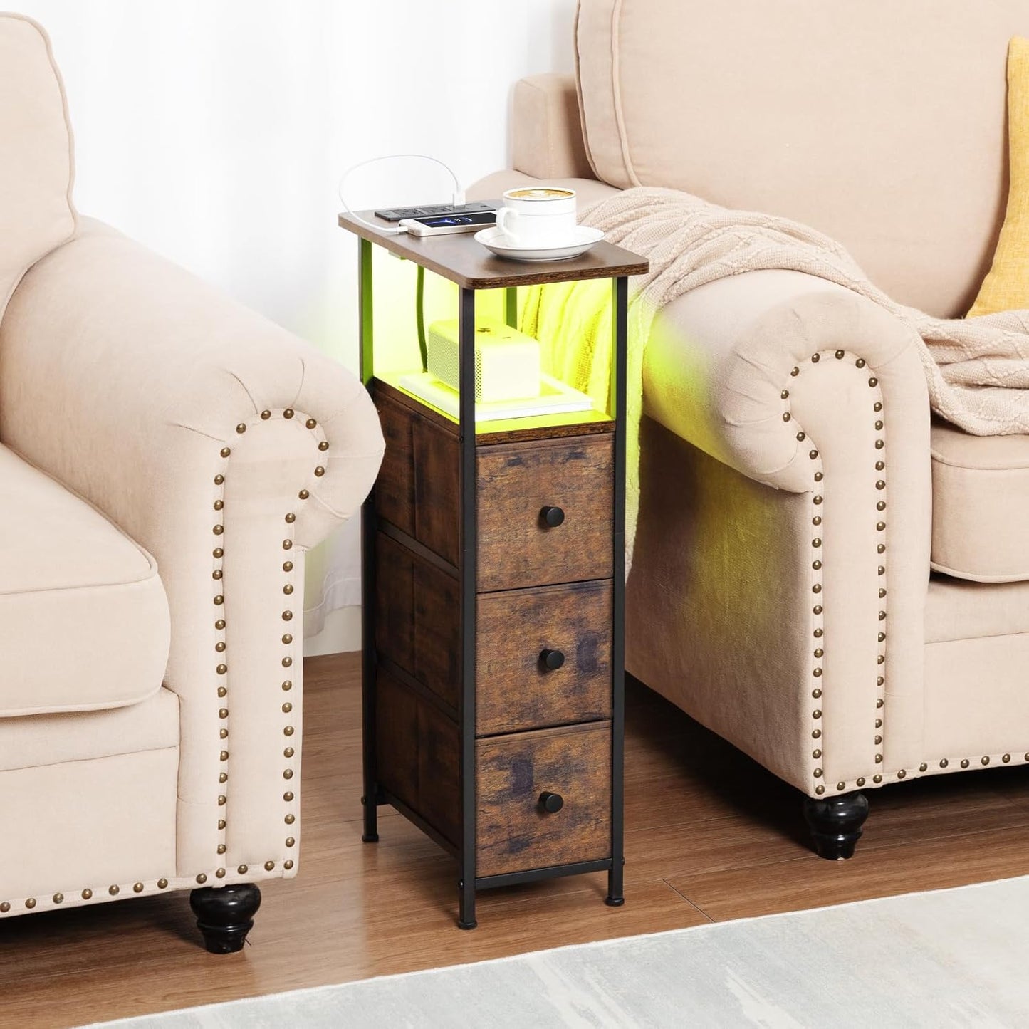 Narrow End Tables Living Room Set of 2 with Charging Station, Skinny Side Table with Fabric Drawers, Slim LED Nightstand for Bedroom, Small Spaces, Couch, Rustic Brown, HETNDP03LPBR
