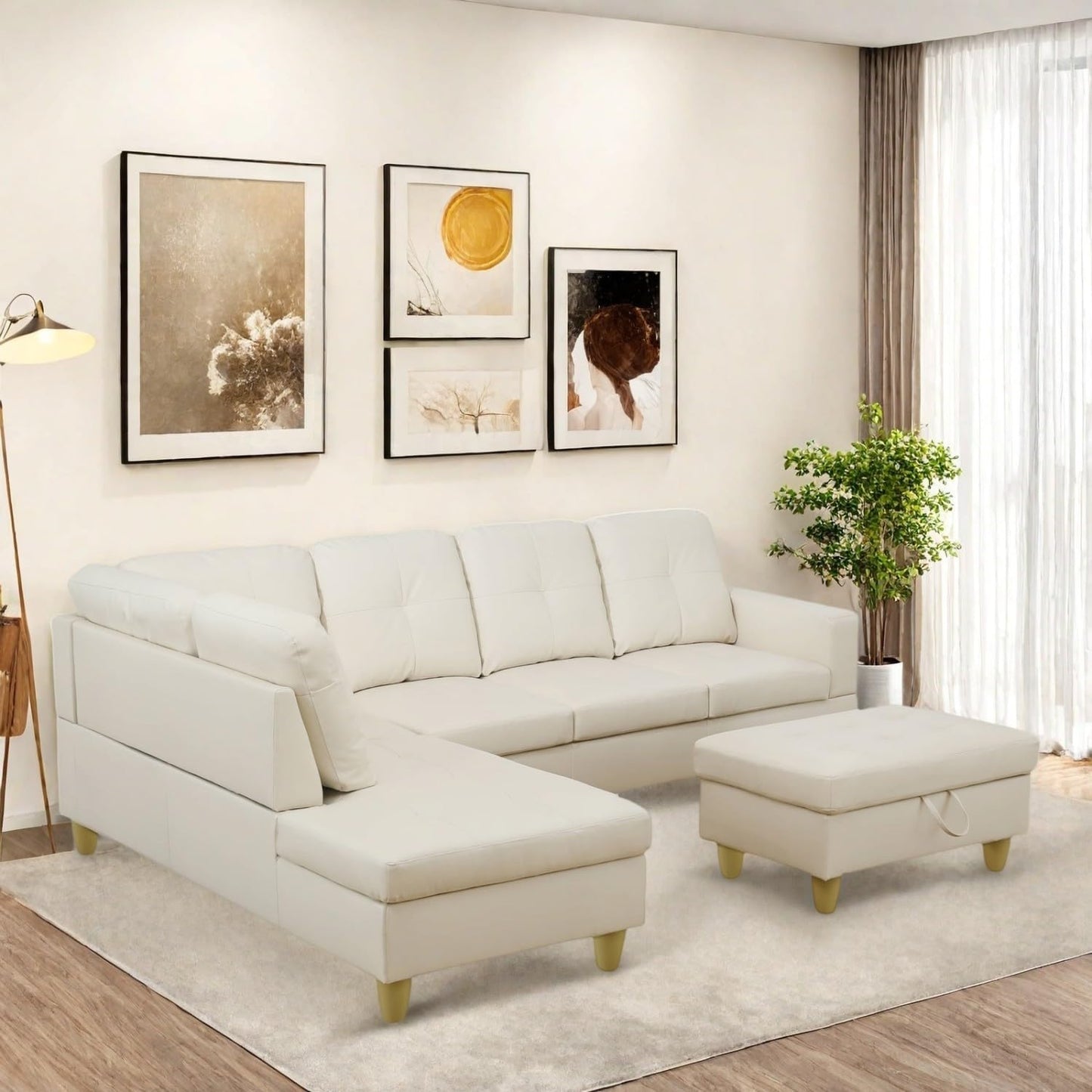 Sectional Couch with Ottoman Storage, L Shaped Sofa Furniture Sets, Modern Modular Couch Comfy Sofa for Living Room Bedroom, White