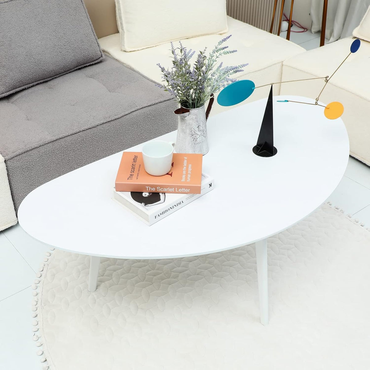 FIRMINANA Mid Century Modern Coffee Table,Large Oval White Coffee Table for Living Room,for Small Spaces,White-47.3" W x 23.63" D x 17.72" H