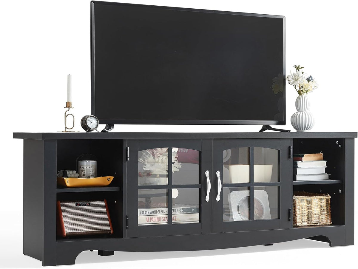 LINSY HOME TV Stand for 75 Inch TV, Modern Farmhouse Entertainment Center with Storage Cabinets and Glass Doors, Tall Media Console Table for Living Room, Bedroom, Large Long Television Stand, Black