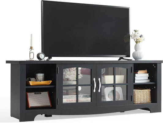 LINSY HOME TV Stand for 75 Inch TV, Modern Farmhouse Entertainment Center with Storage Cabinets and Glass Doors, Tall Media Console Table for Living Room, Bedroom, Large Long Television Stand, Black