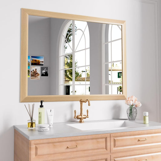 Amorho 40X30 Inch Bathroom Mirror for Wall, Oak Wood Grain Metal Framed Mirror, Anti-Rust, Hang Horizontally/Vertically, Suitable for Vanity, Bedroom, Farmhouse, Bathroom