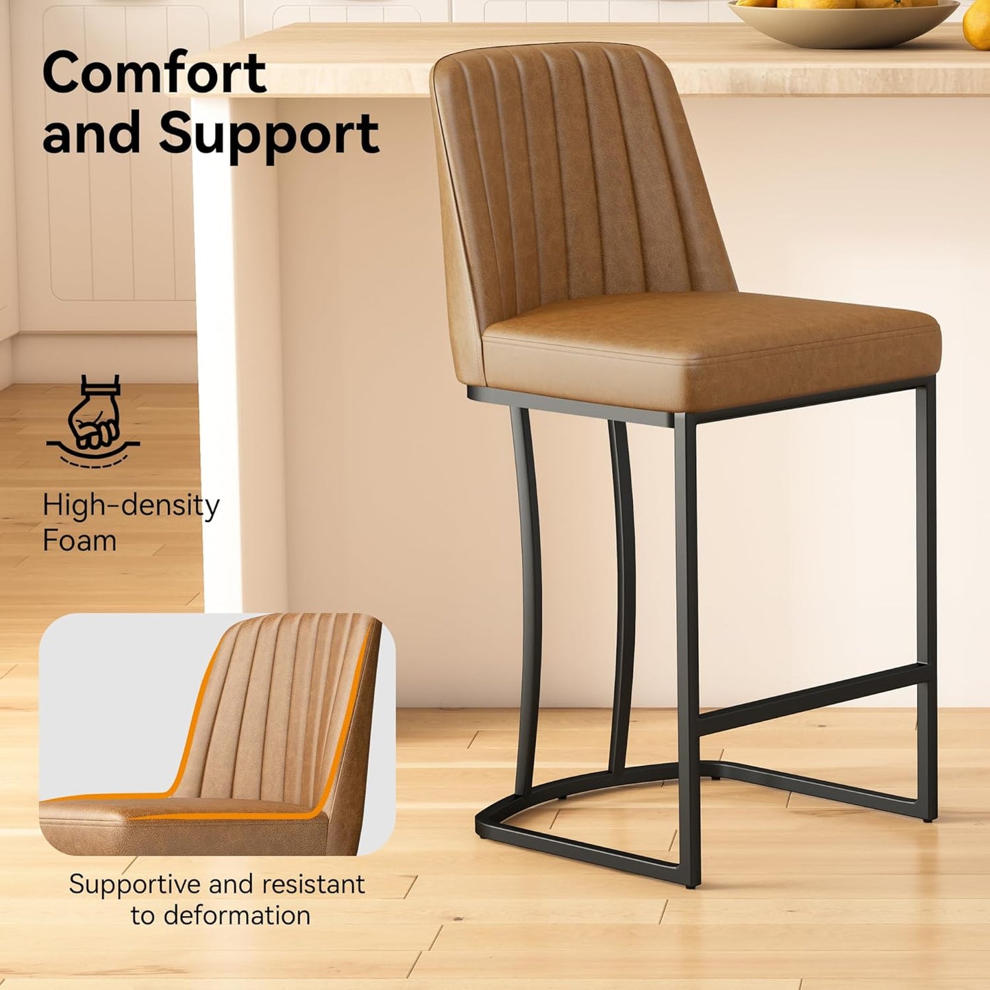 Bar Stools Set of 4, Faux Leather Counter Height Barstools, Upholstered Kitchen Counter Stools with Back and Stitching, 25.6" H Kitchen Island Stools Bar Chair, Metal Framed, Whisky Brown