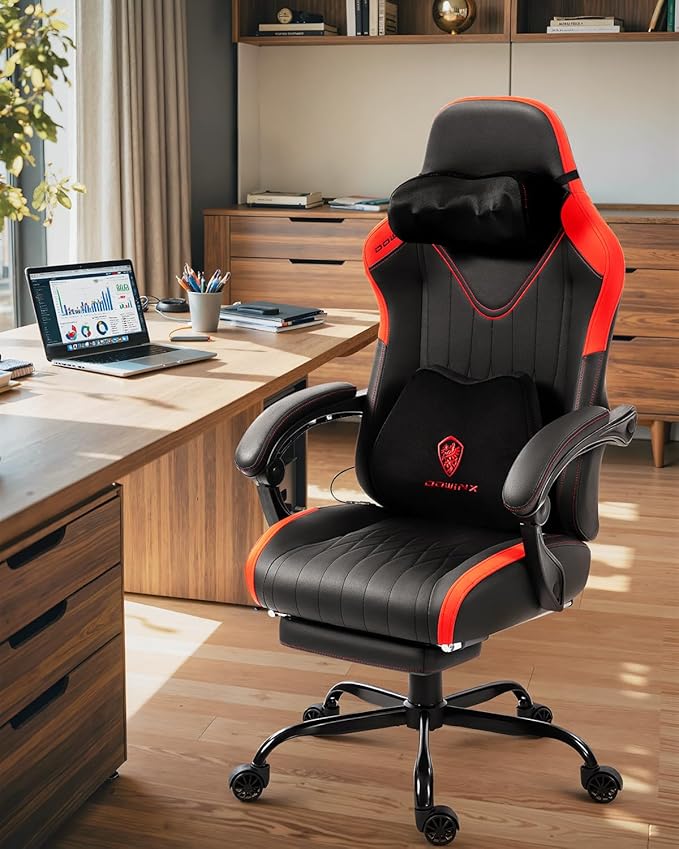 Dowinx Gaming Video Gaming Chair with Shiatsu Neck Massage and Lumbar Support for Home Office High Back Recliner Height Adjustable Ergonomic Comfy Leather Computer Desk Chair (Red)