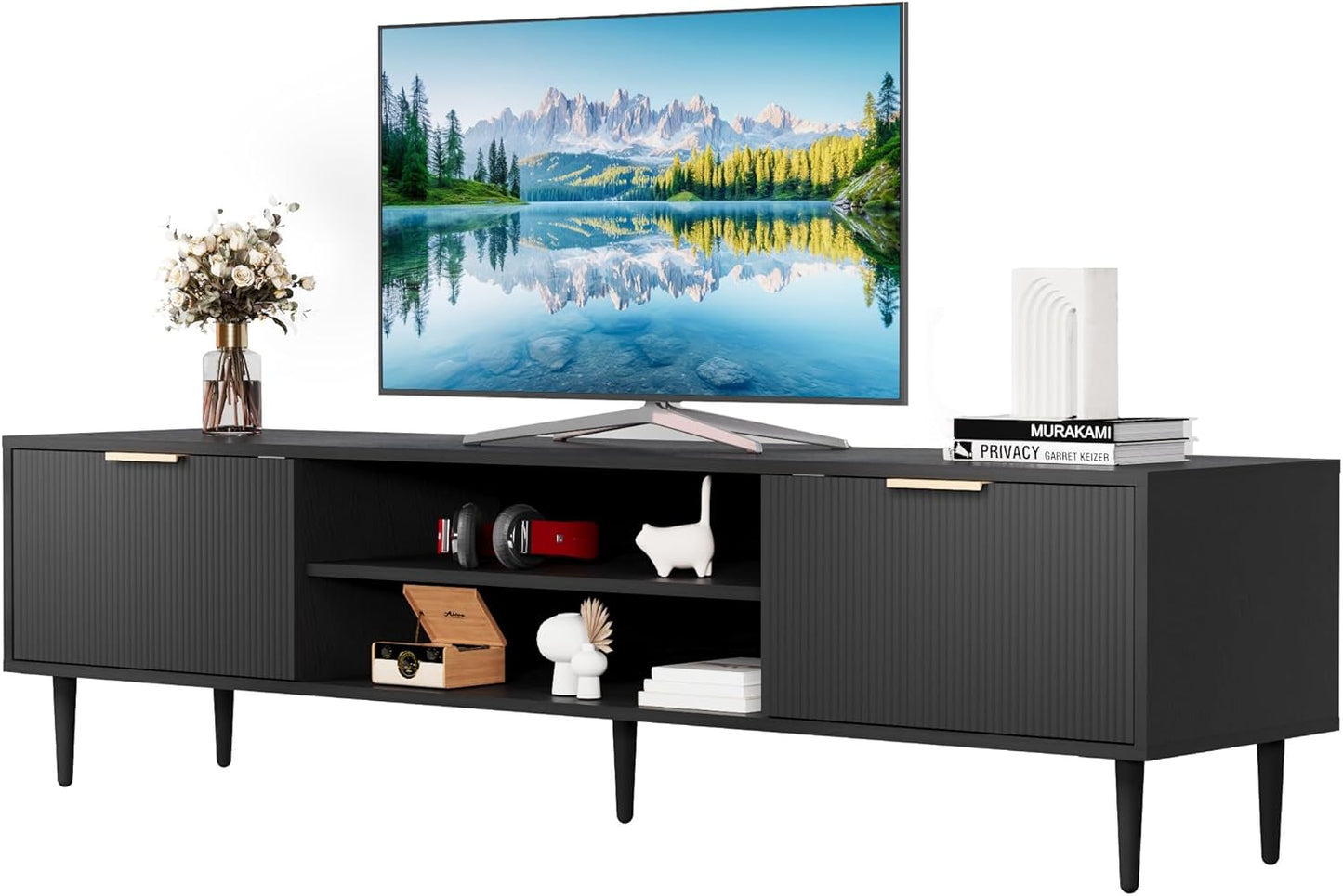 GarveeHome Black TV Stand, TV Stands for Living Room 75 inch, Entertainment Center with 2 Large Storage Cabinets, Media Console Table, Metal Handle Door, TV Stand for Bedroom, Office Furniture