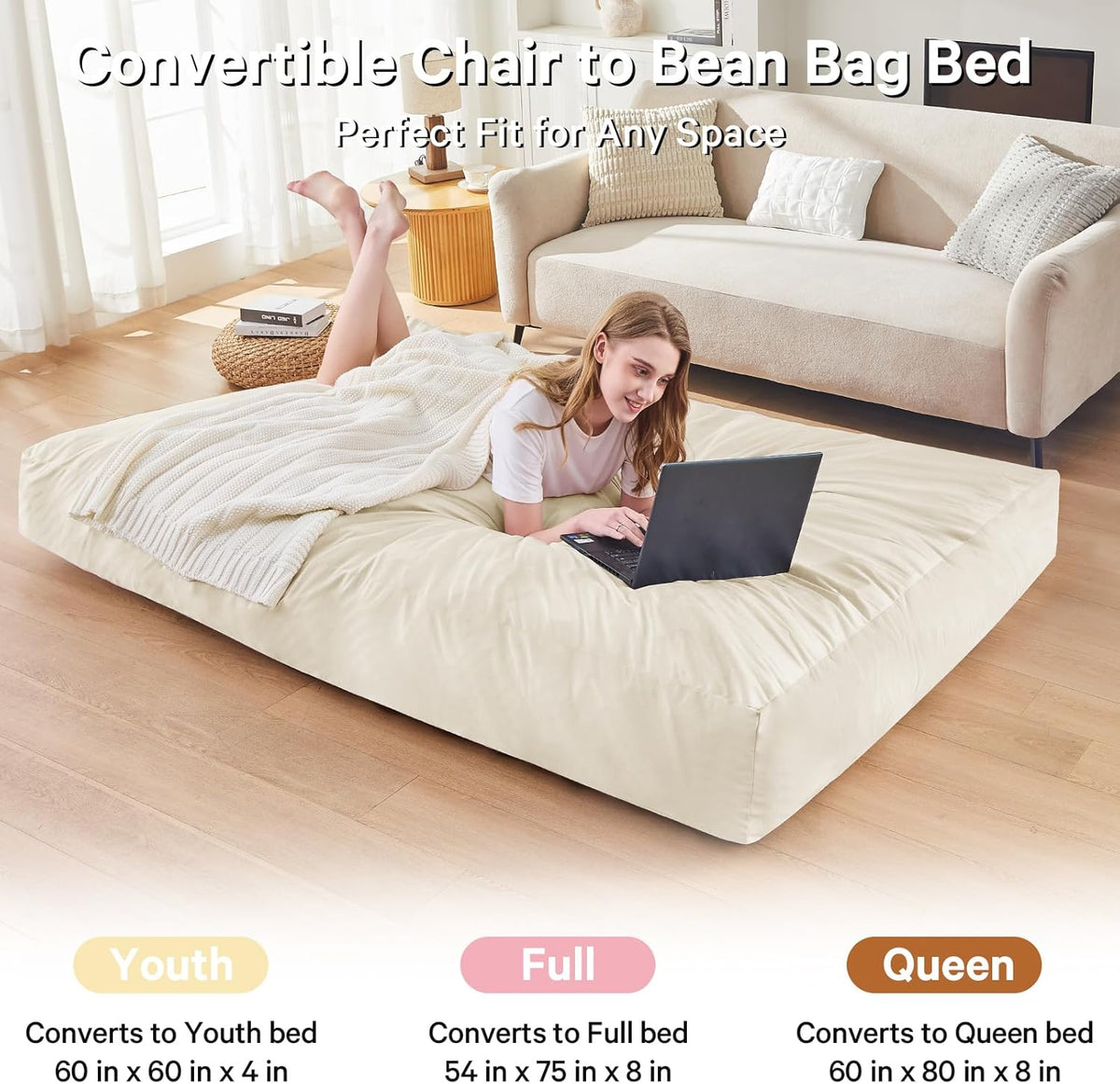 Bean Bag Chairs for Adults - Giant Bean Bag Chair Convertible Bean Bag Bed - Beanbag Chair with Micro Fiber Cover/Furniture Foam Filler - Floor Couch Sofa in Bedroom Dorm Room - Full Beige